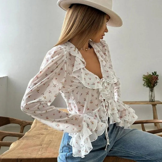 Damesblouse met V-hals en chiffon stijl print