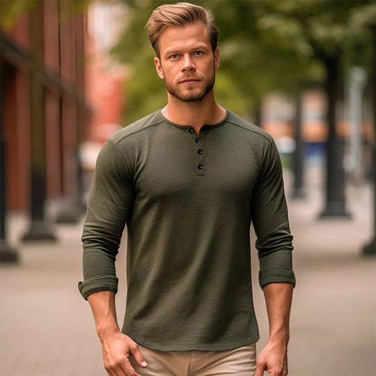 Heren Henley Hals Lange Mouw T-shirt