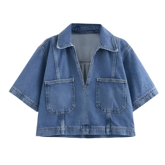 Dames Denim Rok & Korte Mouw Gecropt Shirt