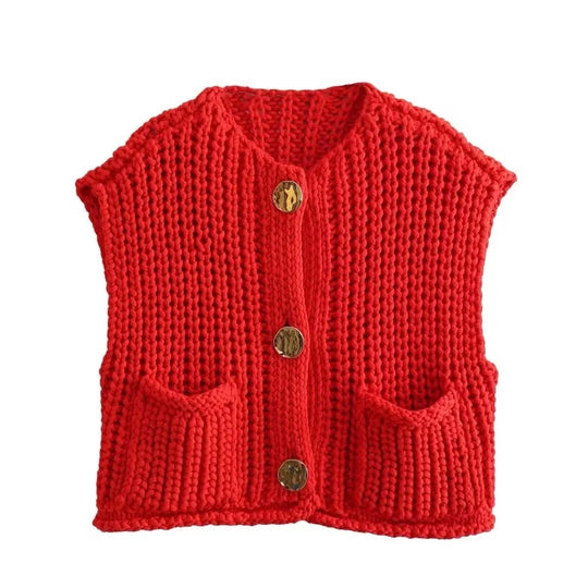 Gebreid damesvest met metalen knopen